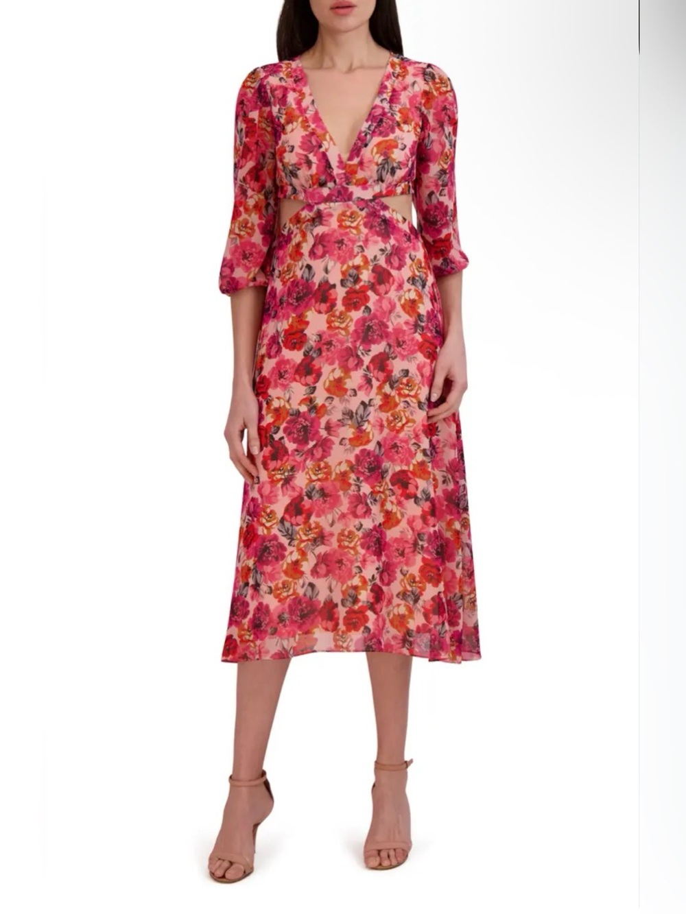 Julia Jordan Pink Floral V-Neck Cutout Midi Dress. Size 8